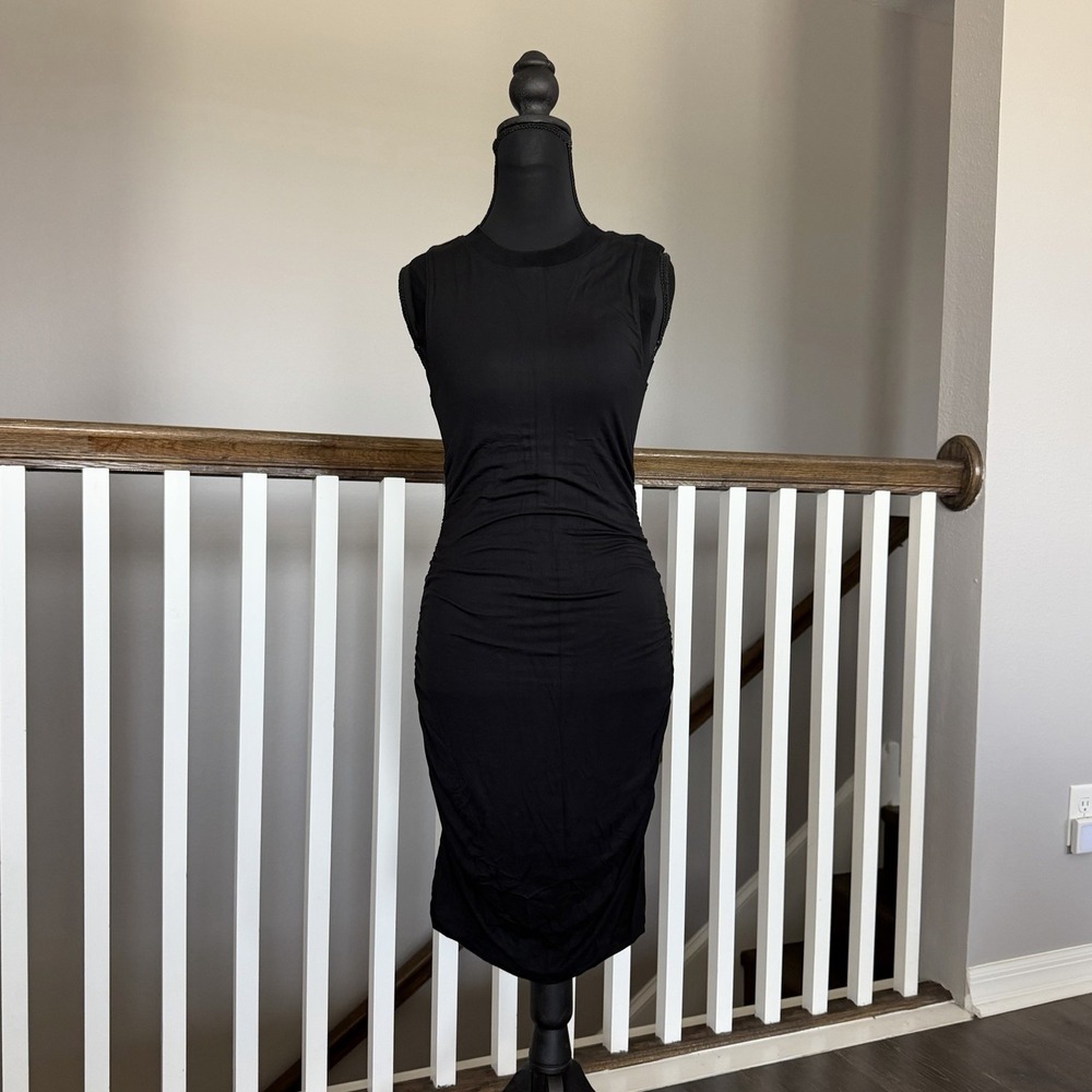 Talula Aritzia Sleeveless Lined Black Ruched Dress Black Small Minimalist Office
